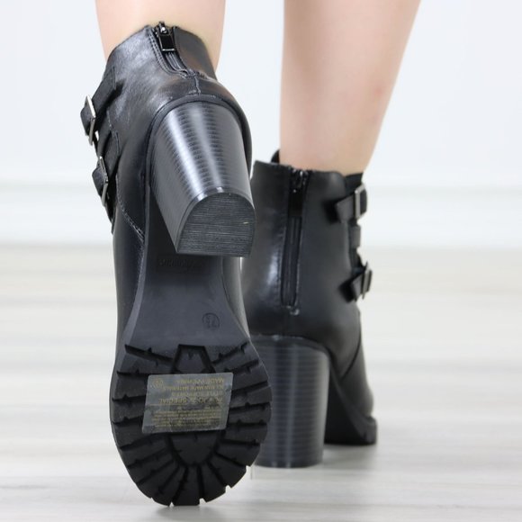 Black Ankle Boots Chunky Lug Block Heel Synthetic Leather Round Toe - Picture 9 of 12